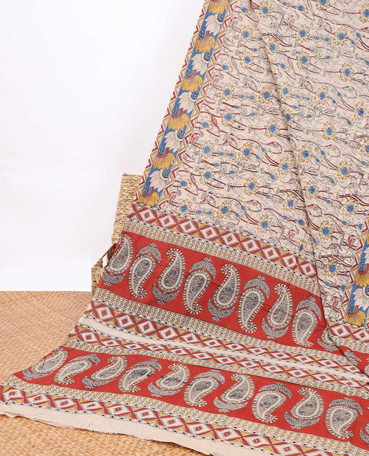 Cream floral design machine-printed kalamkari cotton saree with contrast floral border & paisley, geometric design pallu