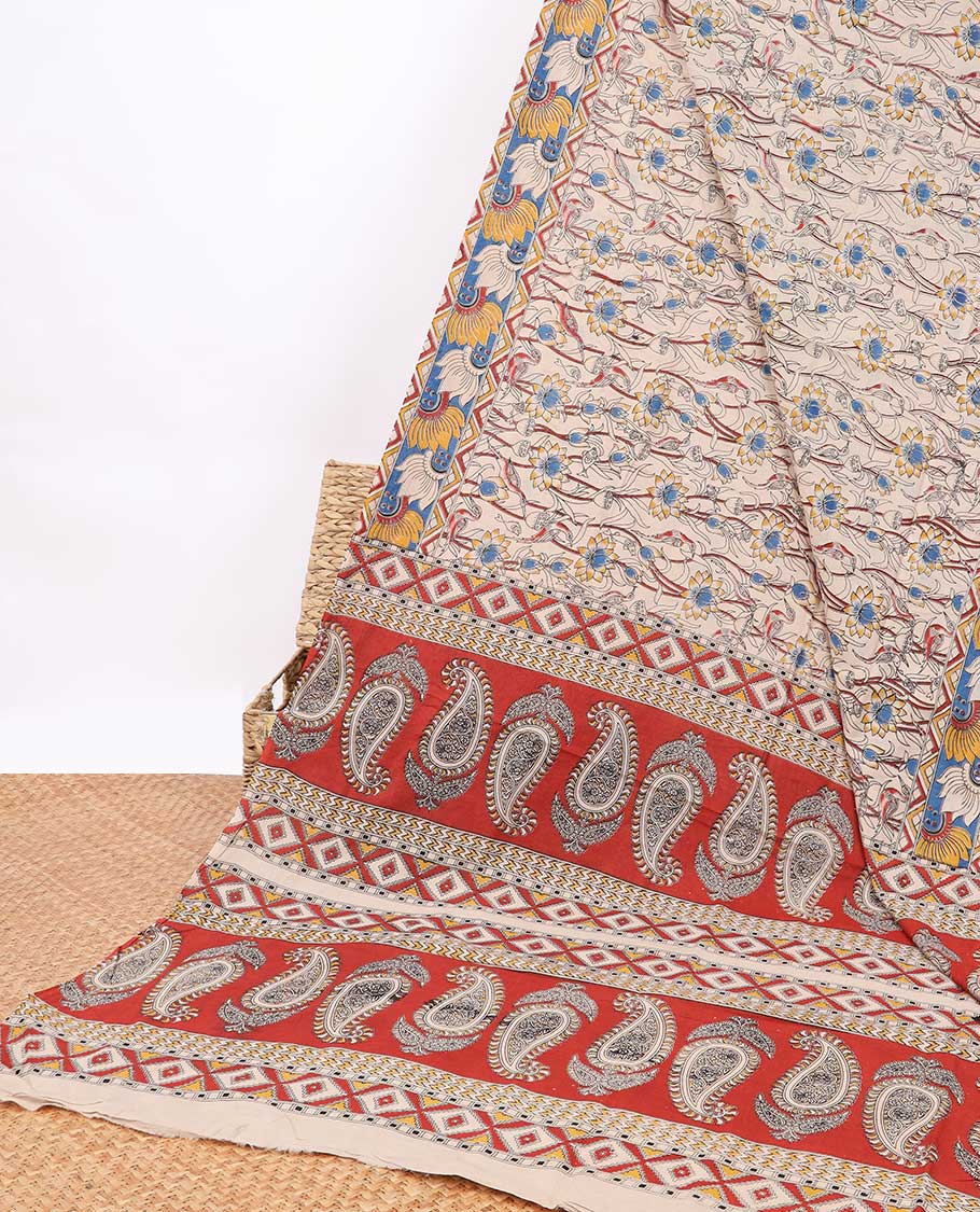 Cream floral design machine-printed kalamkari cotton saree with contrast floral border & paisley, geometric design pallu