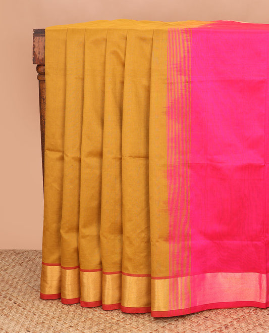 Honey color plain poly cotton saree, bavanji border, and contrast striped pallu