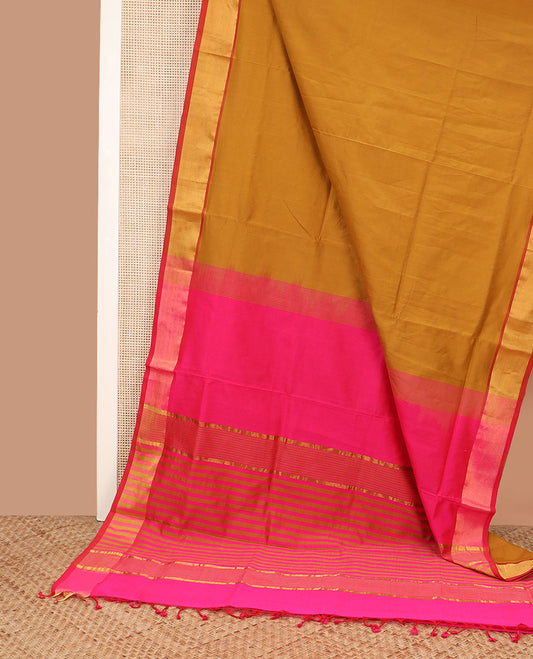 Honey color plain poly cotton saree, bavanji border, and contrast striped pallu