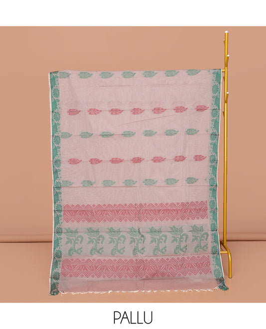 Grey  Kanchi Cotton Saree, Adorned with Buttas All Over Its Body, Highlighted by a Self-Border, Pallu of Floral And Geometric Designs, and Paired with a Matching Blouse