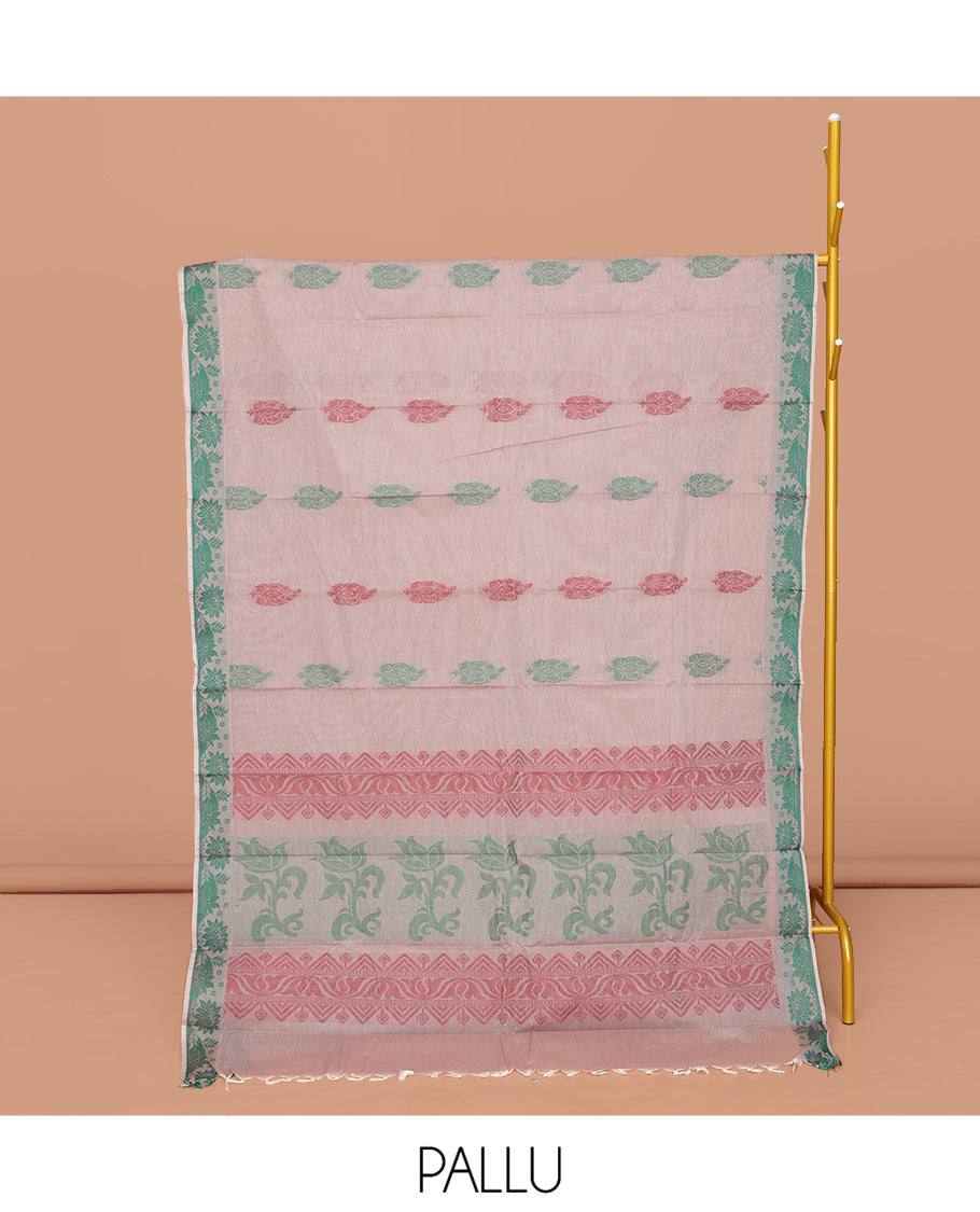 Grey  Kanchi Cotton Saree, Adorned with Buttas All Over Its Body, Highlighted by a Self-Border, Pallu of Floral And Geometric Designs, and Paired with a Matching Blouse