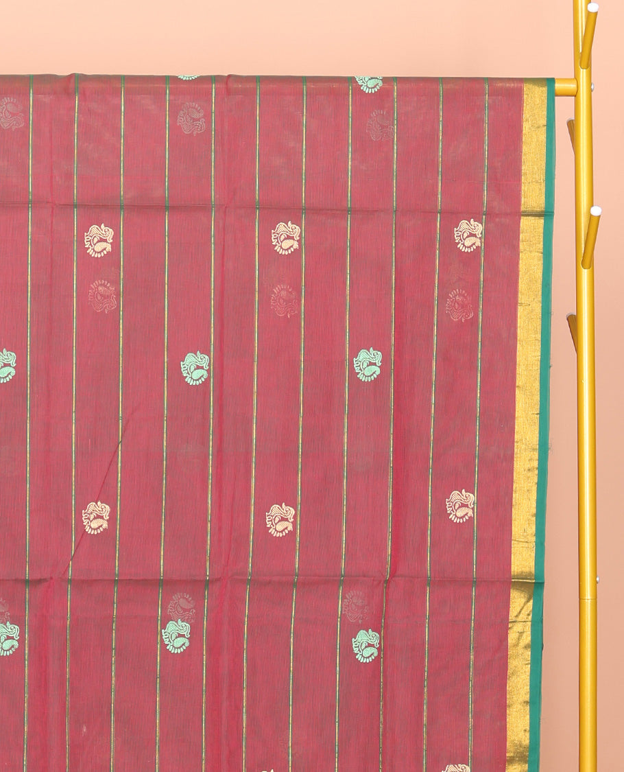 Red Venkatagiri Cotton Saree, Accentuated with Peacock Buttas and Stripes, a Contrast Floral Creeper  Zari Border, Pallu of Buttas and Stripes, and No Blouse
