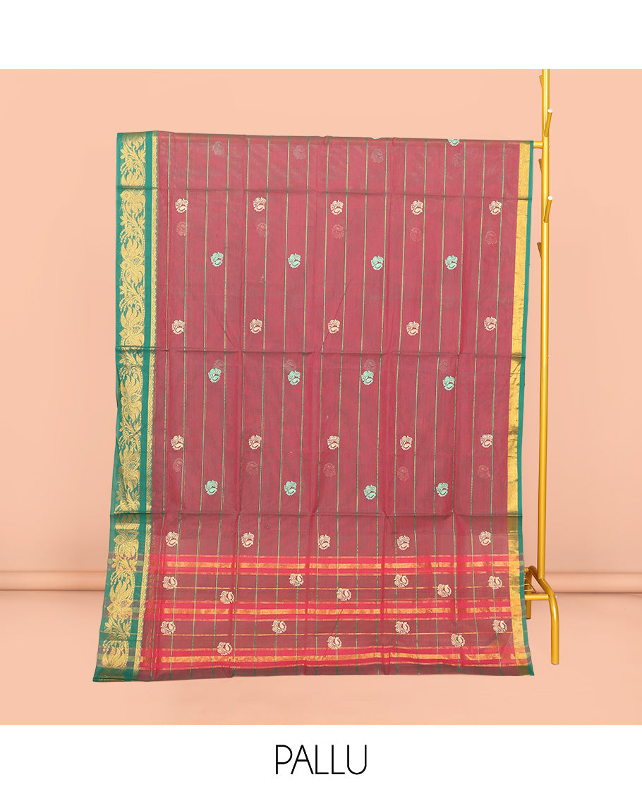 Red Venkatagiri Cotton Saree, Accentuated with Peacock Buttas and Stripes, a Contrast Floral Creeper  Zari Border, Pallu of Buttas and Stripes, and No Blouse
