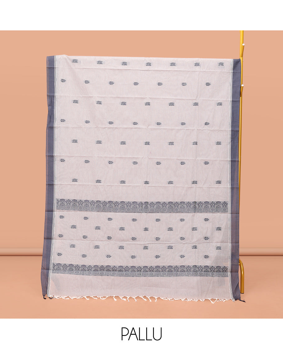 Off-White Kanchi Cotton Saree, Embellished with Thread Buttas, Contrast Border, Pallu of Buttas, and a Matching Blouse