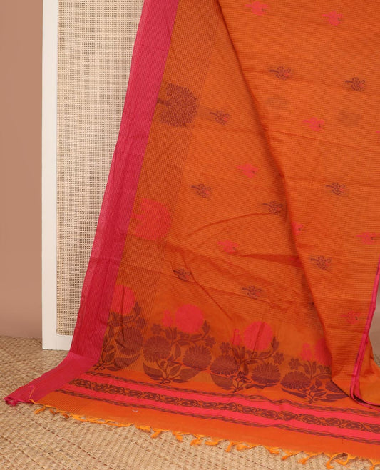 Orange dotted stripes & tree motifs Coimbatore cotton saree, contrast checked tree motif border & pallu of floral motifs