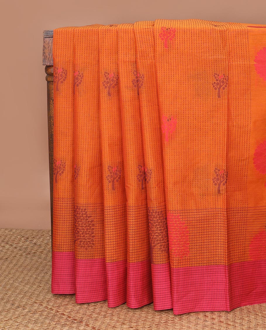 Orange dotted stripes & tree motifs Coimbatore cotton saree, contrast checked tree motif border & pallu of floral motifs