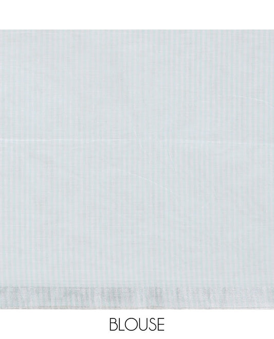 Half-white & light turquoise blue striped jute cotton saree, zari border & striped pallu