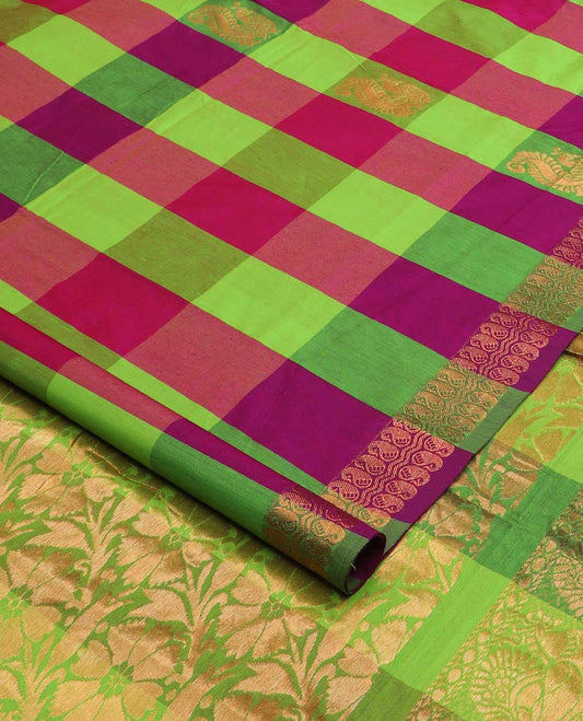 Multi-color peacock and paisley butta enclosed checked nine-yard cotton saree, traditional zari border, and floral vine zari pallu