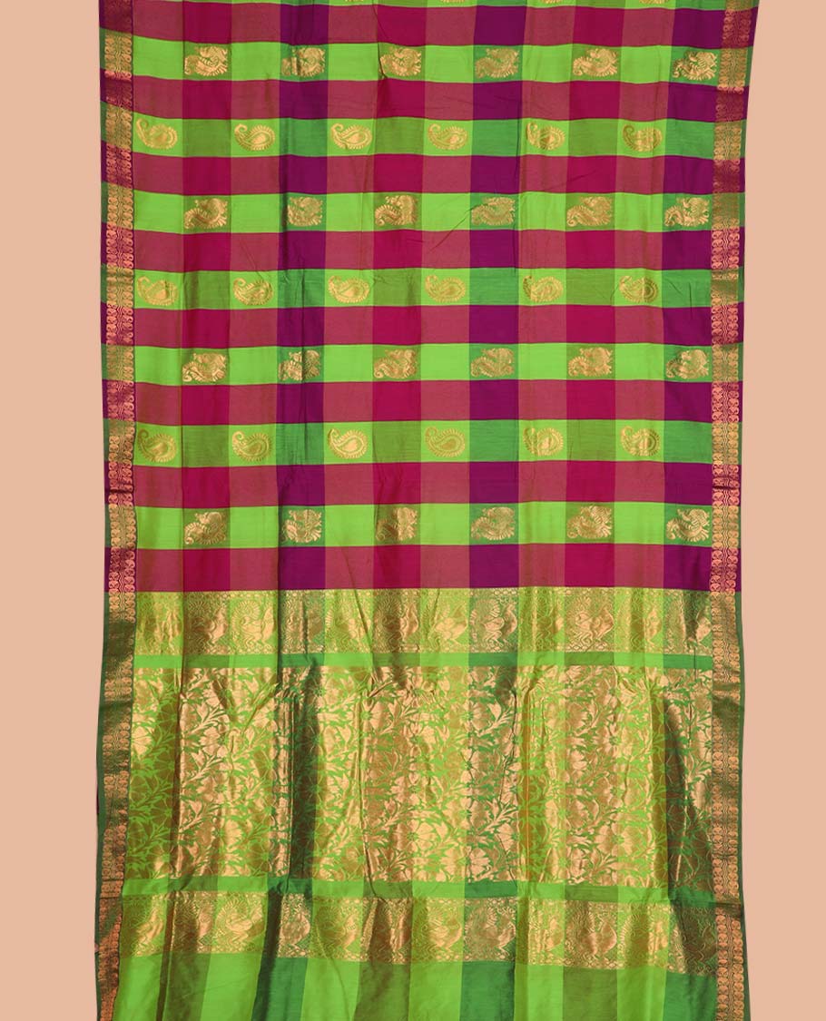 Multi-color peacock and paisley butta enclosed checked nine-yard cotton saree, traditional zari border, and floral vine zari pallu