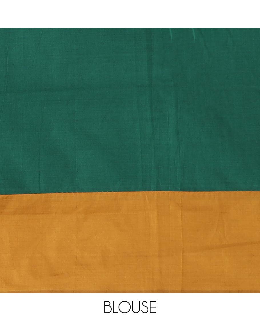 Mustard peacock motifs printed poly cotton saree, contrast floral creeper printed border, and pallu of floral creeper design