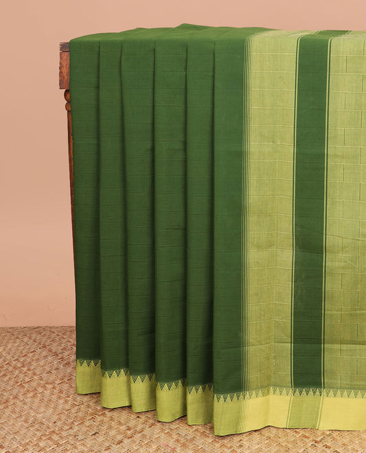 Palak Green striped Andhra cotton saree, contrast temple border, and contrast checked pallu