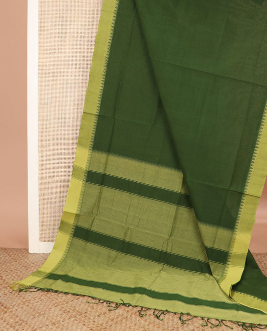 Palak Green striped Andhra cotton saree, contrast temple border, and contrast checked pallu