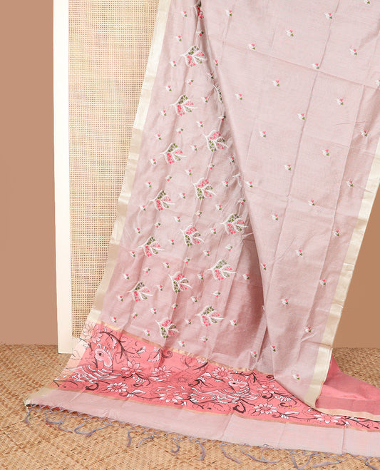 Pastel pink floral embroidered chirala cotton saree, plain border, and contrast kalamkari floral and birds printed pallu