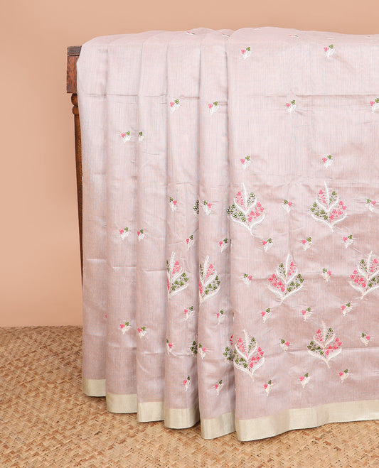 Pastel pink floral embroidered chirala cotton saree, plain border, and contrast kalamkari floral and birds printed pallu
