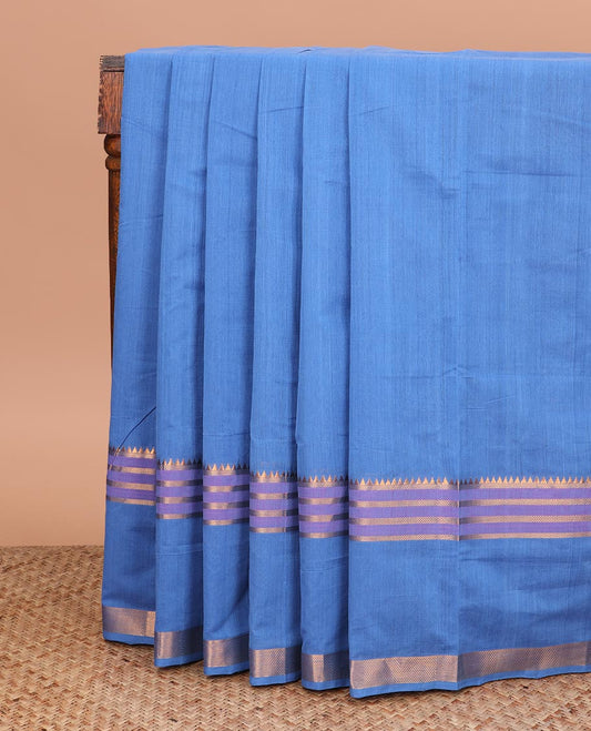 Blue plain Mangalgiri cotton saree, temple zari border, striped pallu, and contrast temple zari blouse