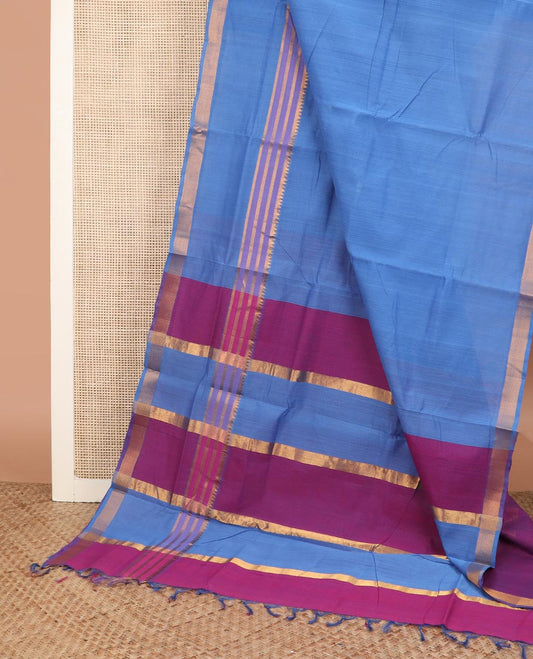 Blue plain Mangalgiri cotton saree, temple zari border, striped pallu, and contrast temple zari blouse