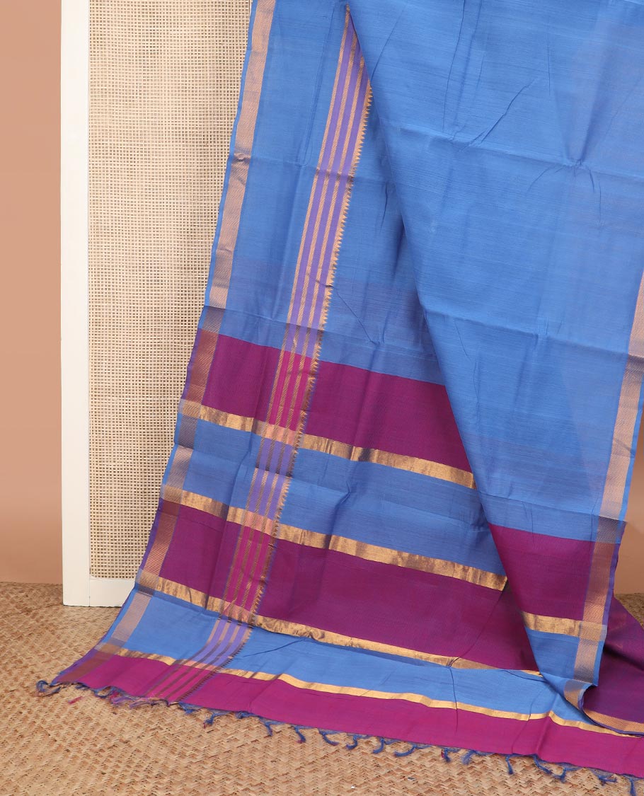 Blue plain Mangalgiri cotton saree, temple zari border, striped pallu, and contrast temple zari blouse