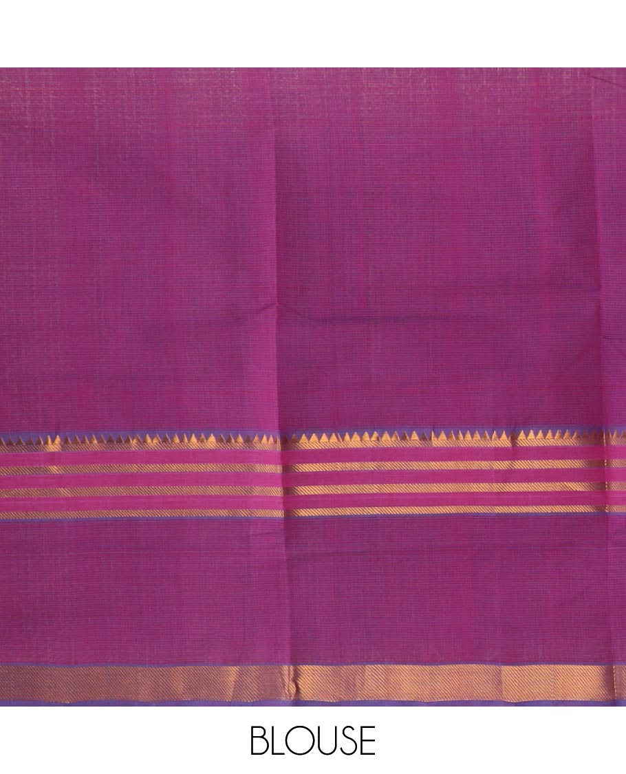 Blue plain Mangalgiri cotton saree, temple zari border, striped pallu, and contrast temple zari blouse