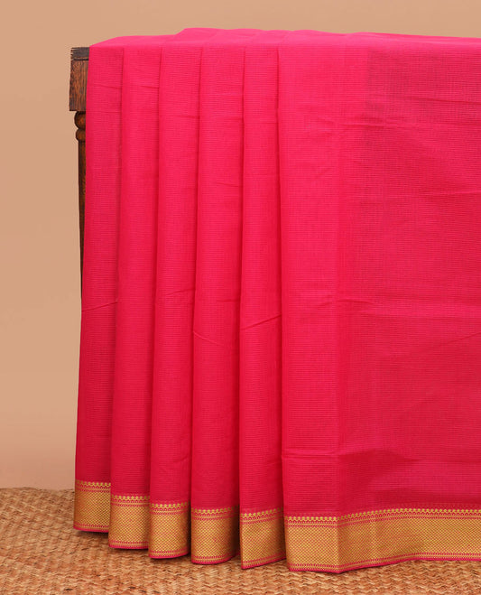 Pink striped chirala cotton saree, traditional border, striped pallu, and contrast elephant motifs printed blouse