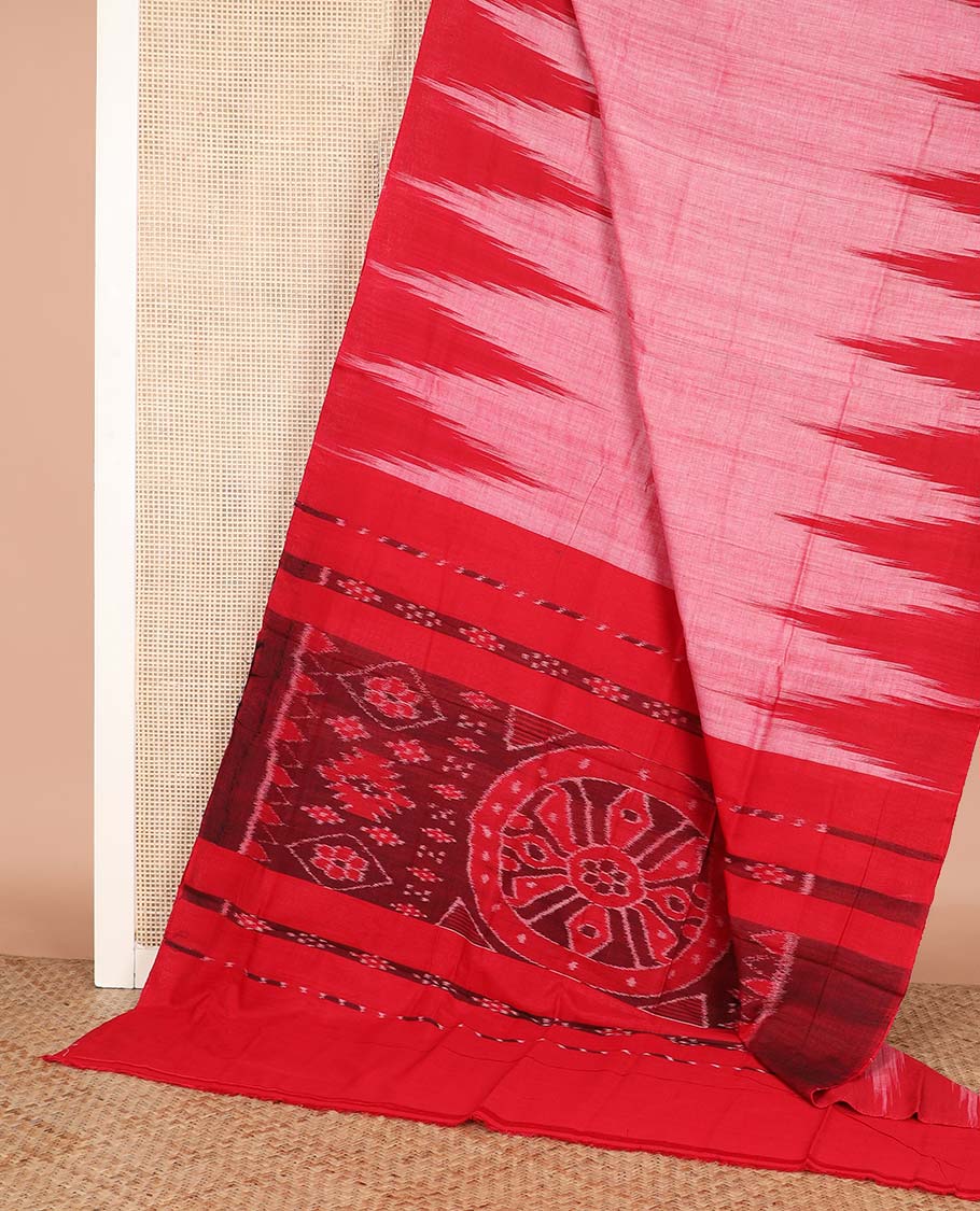 Pink plain ikkat cotton saree, contrast temple border, and contrast ikkat woven pallu