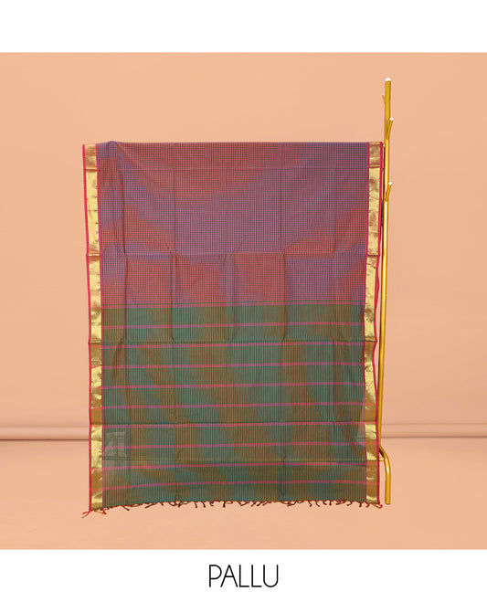 Multi-Color Micro-Checked Poly Cotton Saree, Complemented by Contrast Traditional Zari Design Border, Pallu of Stripes, and Paired with a Contrast Blouse