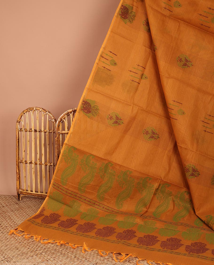 Borderless blue-striped Coimbatore cotton saree, pallu of peacock design