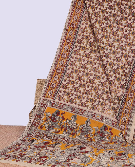 Cream floral motifs machine-printed kalamkari cotton saree with contrast floral design border & human inspried design pallu