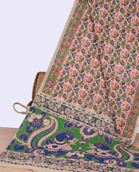Cream floral vine design machine-printed kalamkari cotton saree with contrast floral border & floral, animal design pallu
