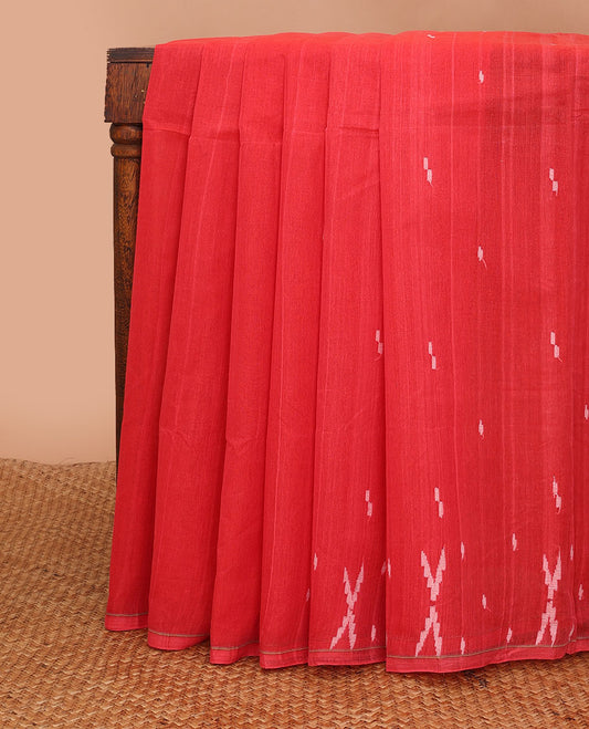 Borderless light red buttas Bengal cotton saree, self-pallu of stripes & buttas