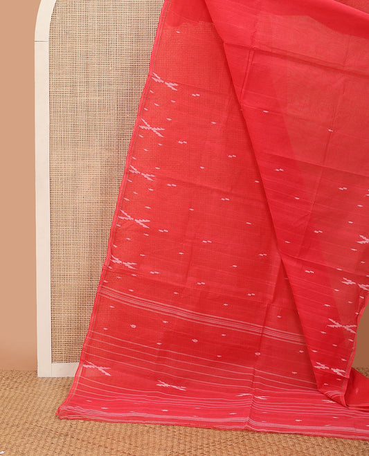 Borderless light red buttas Bengal cotton saree, self-pallu of stripes & buttas