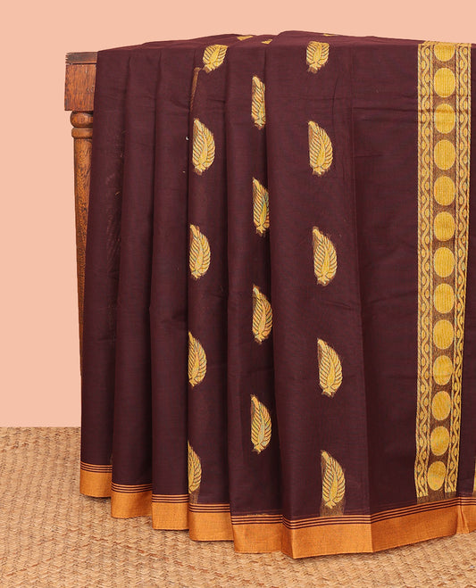 Maroon Kanchi Cotton Saree, Highlighted with Leaf Buttas All Over Its Body, Complemented by Contrast Border of Diamond Motifs, Pallu Steeped with Polka Dot Enclosed Checks, and Paired with a Matching Blouse