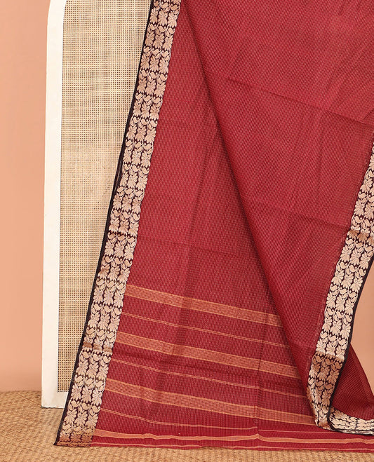 Red Sparsely Woven Bengal Cotton Saree, a Contrast Paisley Creeper Border, Self-Pallu, and No Blouse