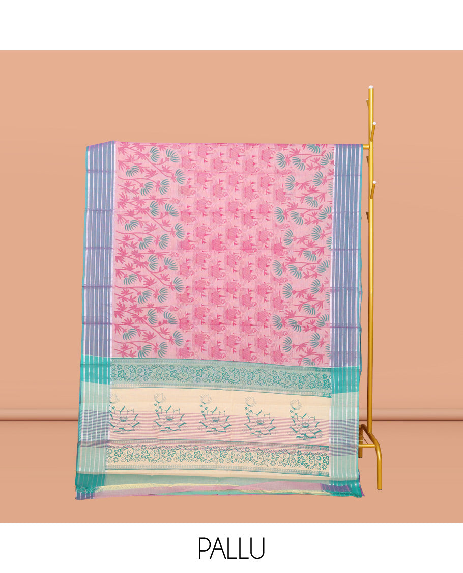 Pink Chirala Cotton Saree, Decked Up with Swan and Floral Print, Contrast Striped Border, Floral Printed Pallu, and a Matching Blouse