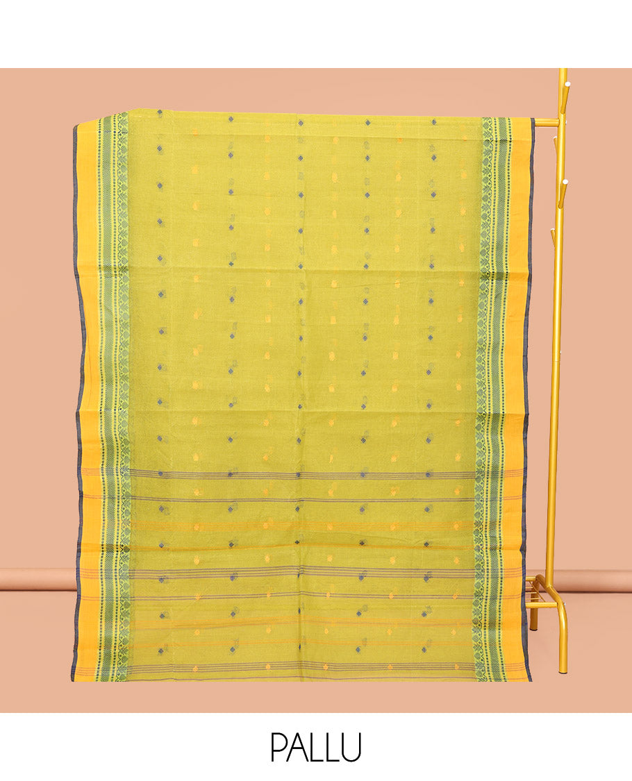 Green Bengal Cotton Saree, Featuring Buttas, Contrast Traditional Design Border, a Pallu of Stripes and Buttas, and a Matching Blouse
