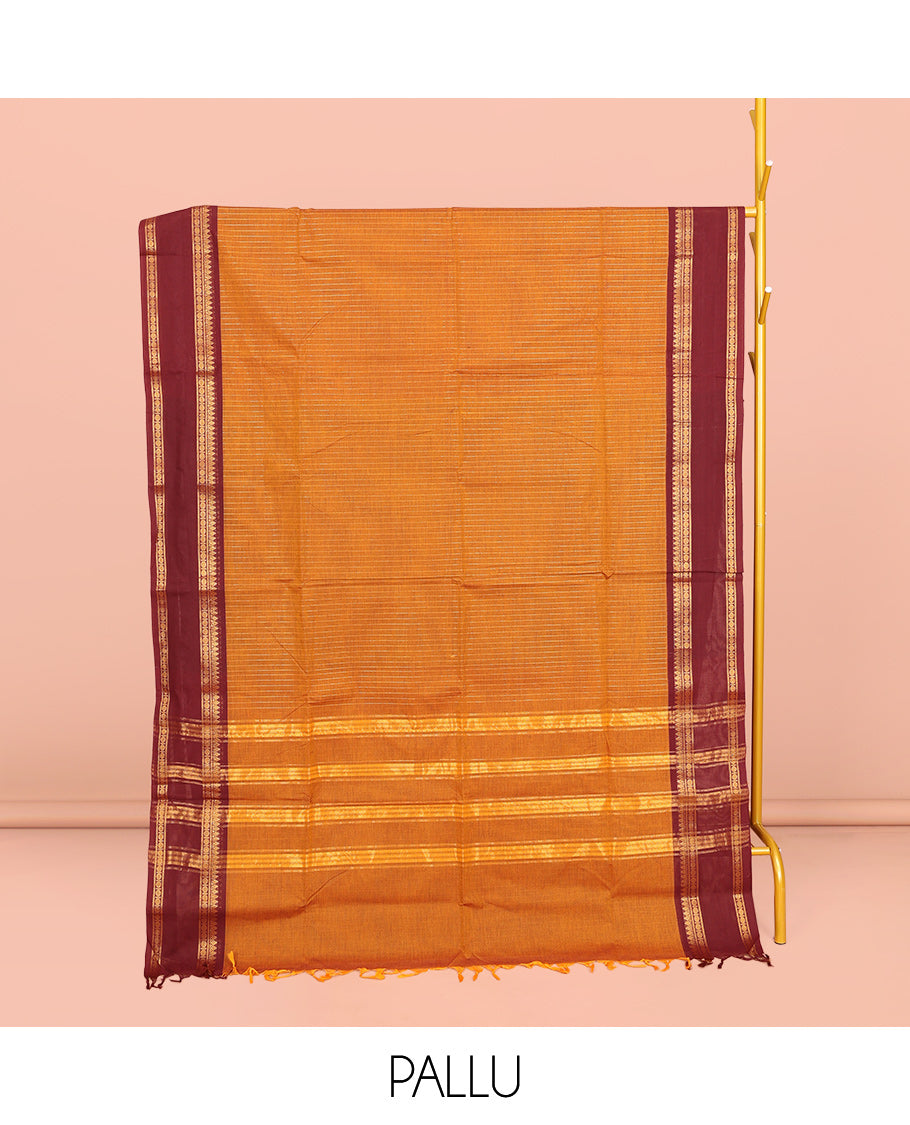 Orange Chettinad Cotton Saree, Woven with Stripes, Complemented by Contrast Rettai Pettu Traditional Zari Border, Striped Pallu, and a Matching Blouse