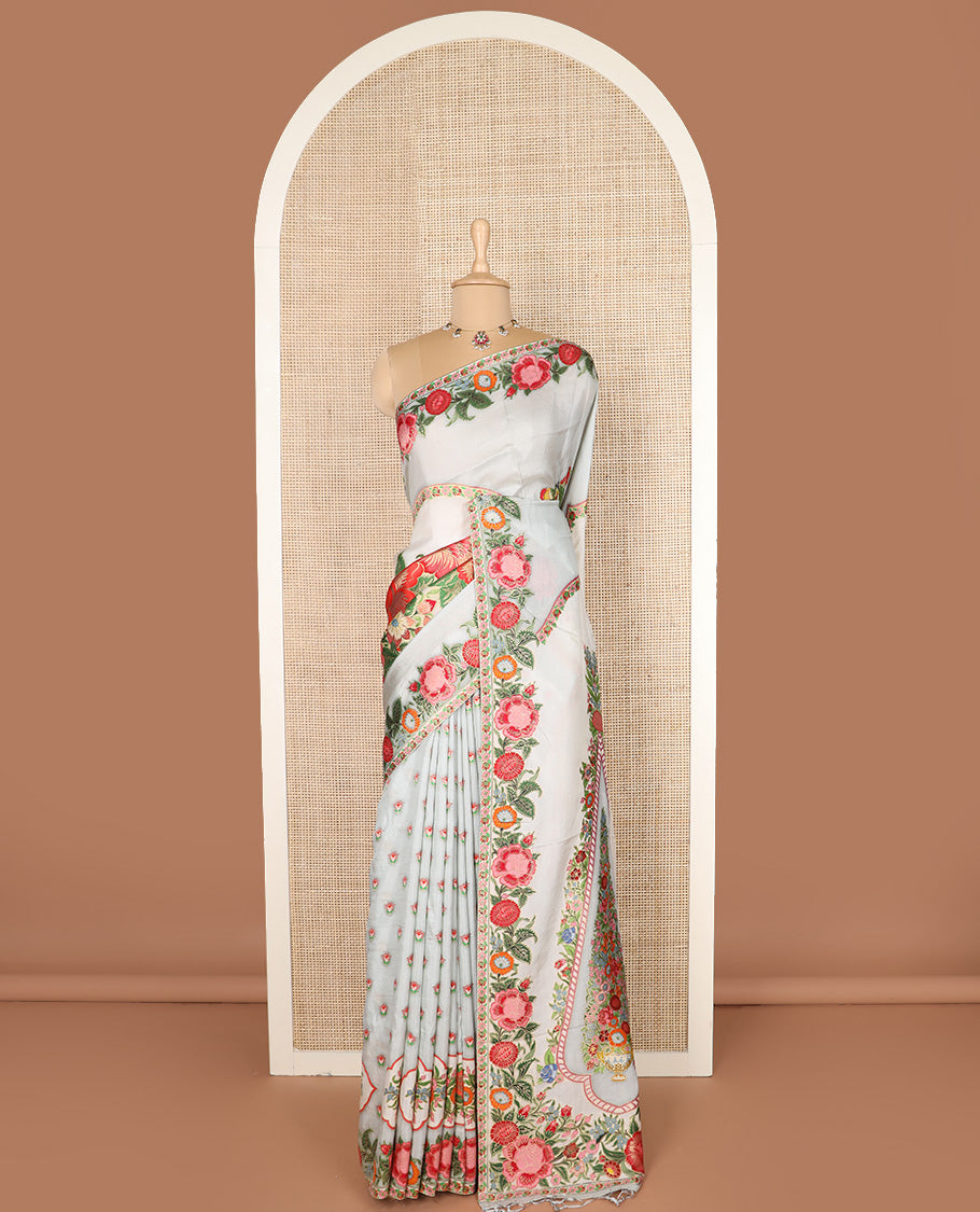Cream and pastel blue floral buttas dola silk saree, colorful floral design steeped border, and pallu