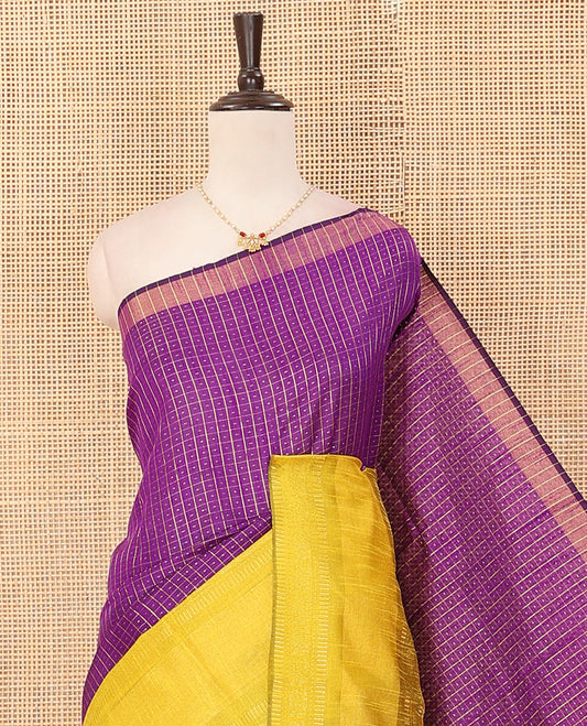 Purple butta enclosed checked dupion saree, contrast traditional border, and zari striped pallu