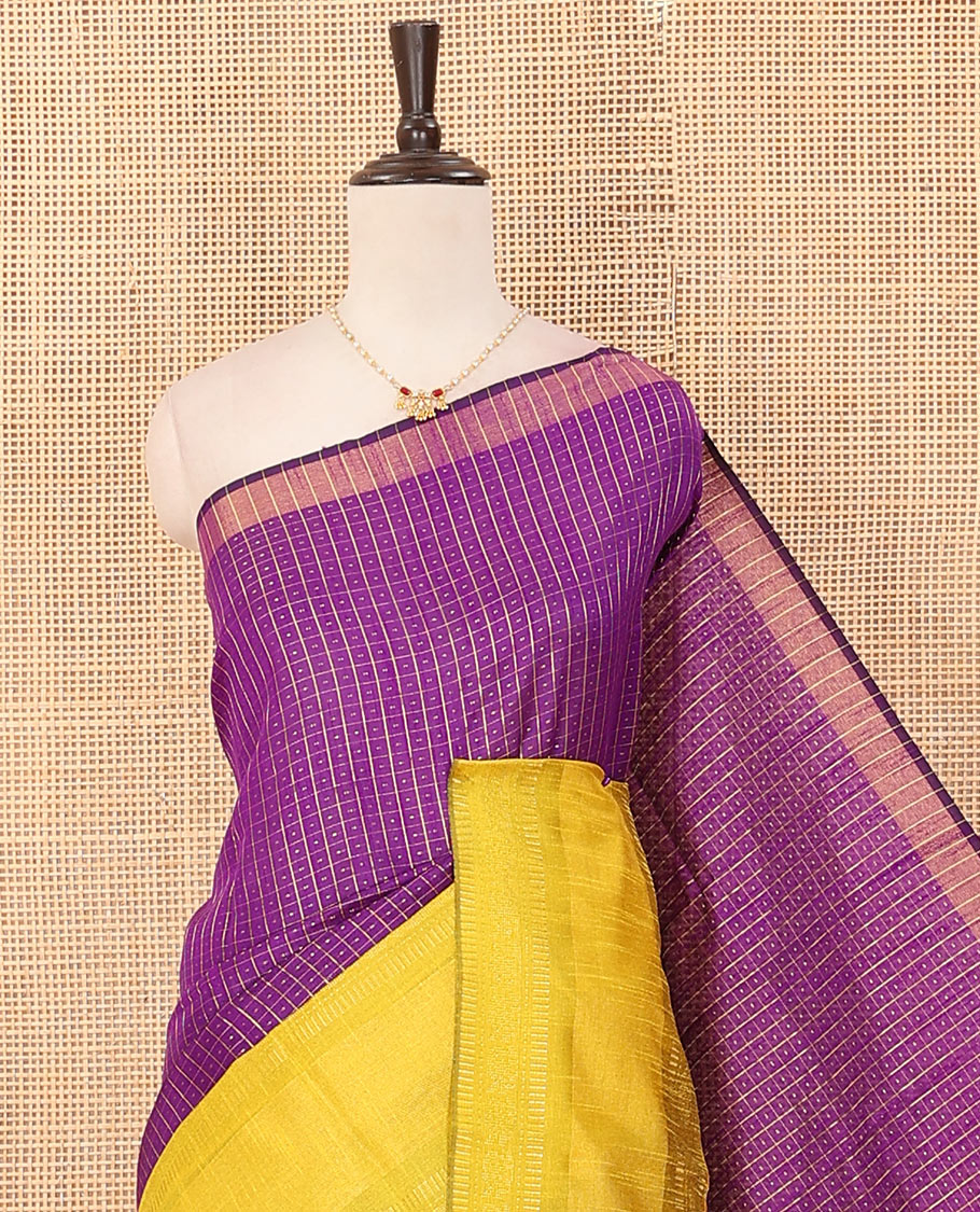 Purple butta enclosed checked dupion saree, contrast traditional border, and zari striped pallu