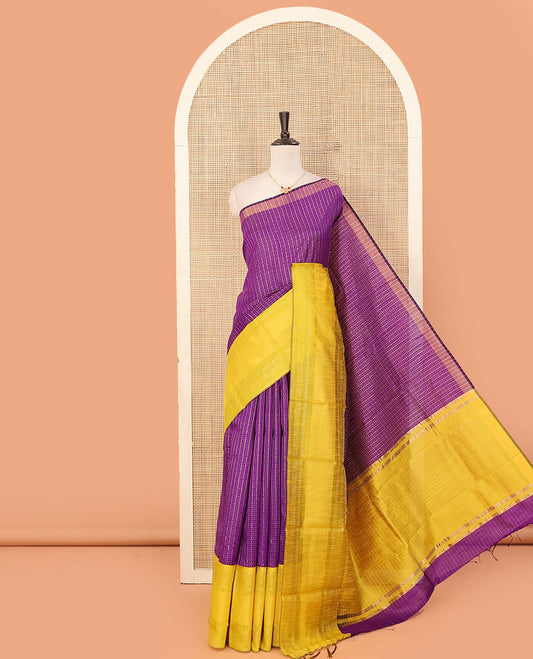Purple butta enclosed checked dupion saree, contrast traditional border, and zari striped pallu