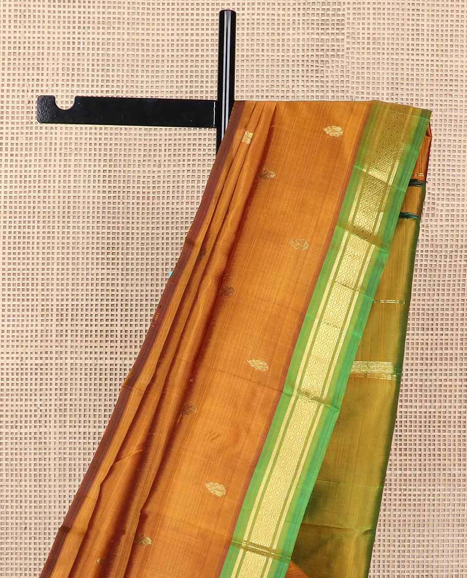 Brown buttas kancheepuram silk saree with contrast zari design border & zari design pallu