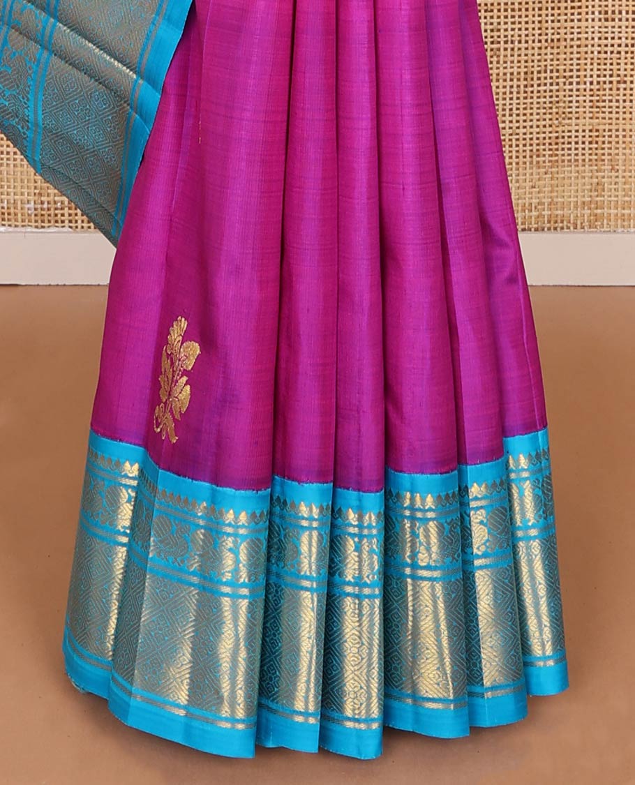 Magenta kancheepuram silk saree with zari buttas, contrast one-sided korvai border of thilakam mokku, banaras, mayil & jaal designs & floral design pallu