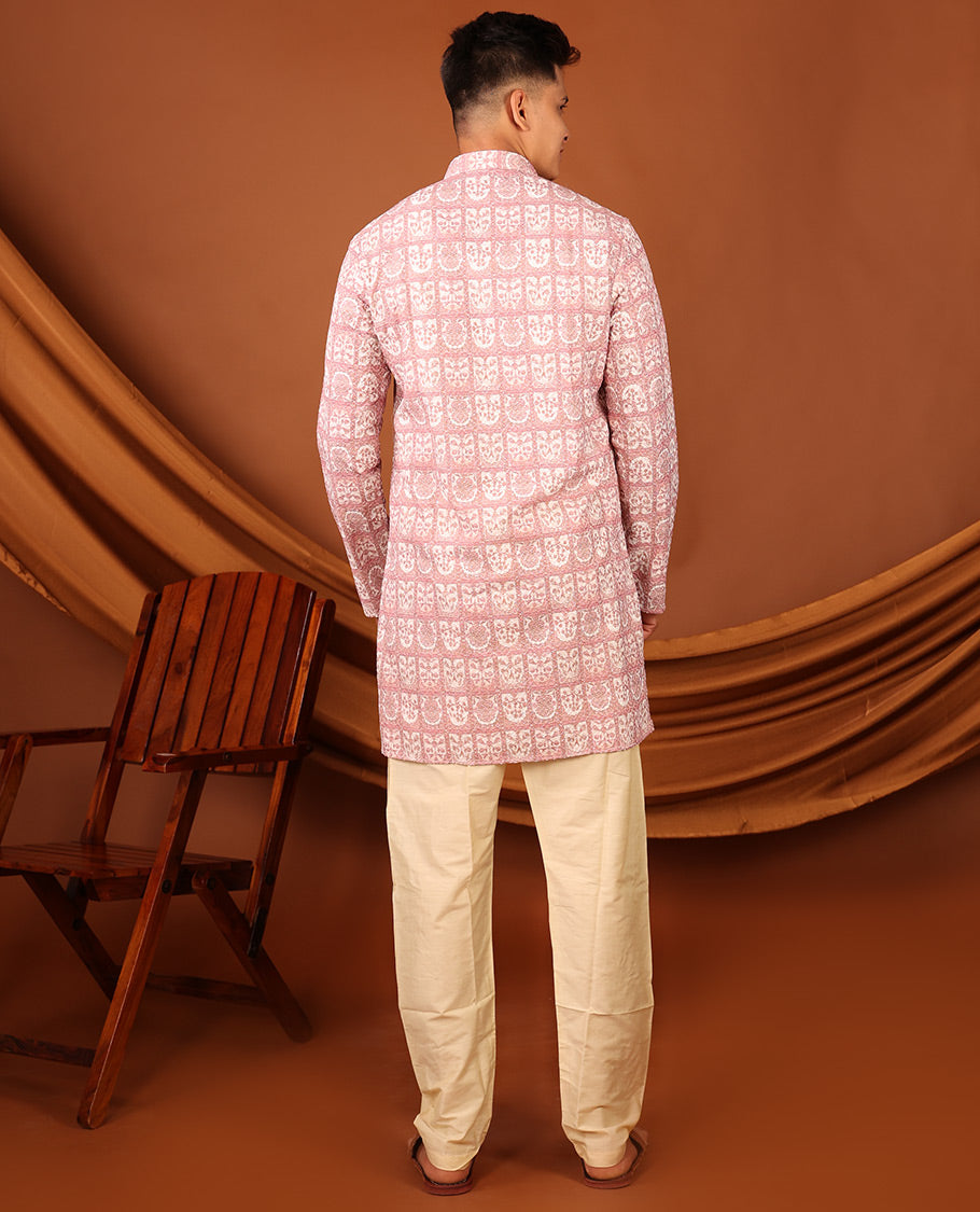 Pink Floral Butta Enclosed Arches Printed Full-Sleeved Men's Kurta