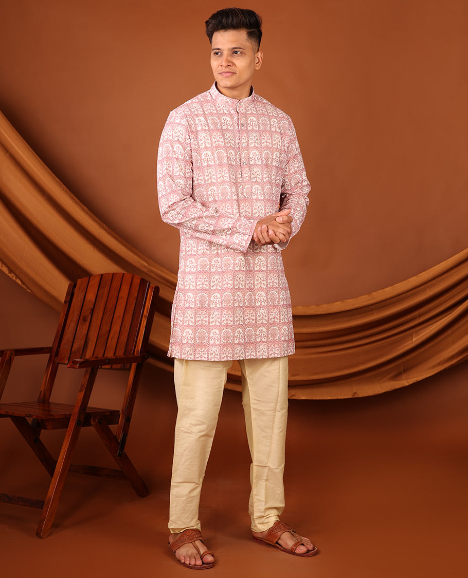 Pink Floral Butta Enclosed Arches Printed Full-Sleeved Men's Kurta