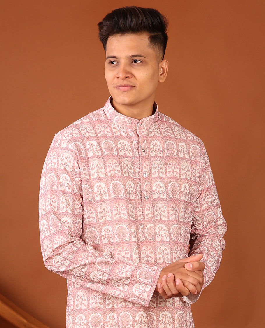 Pink Floral Butta Enclosed Arches Printed Full-Sleeved Men's Kurta