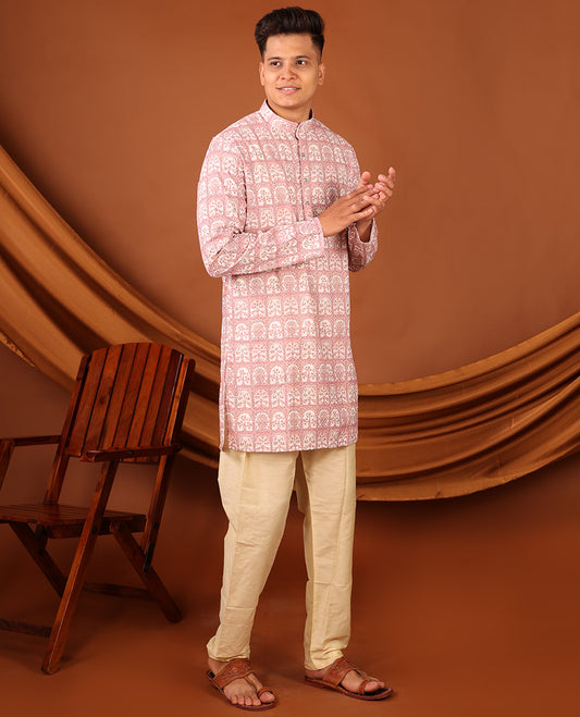 Pink Floral Butta Enclosed Arches Printed Full-Sleeved Men's Kurta
