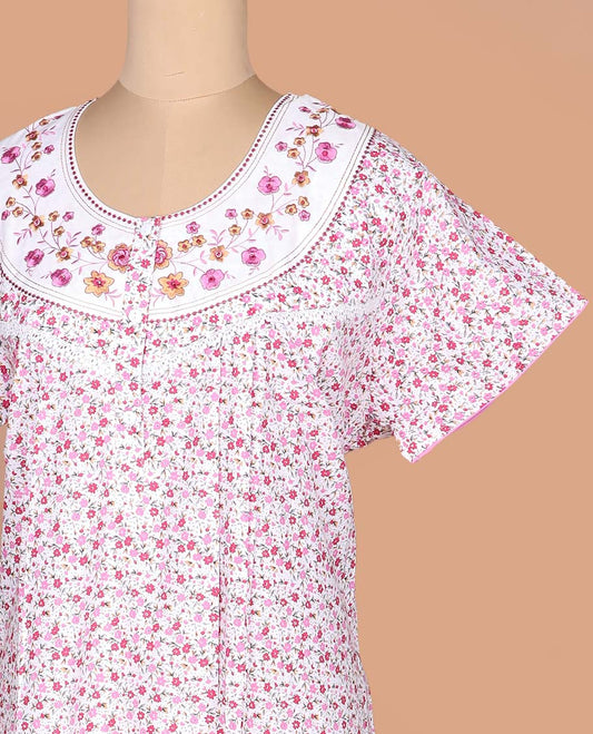 White-pink floral vine printed with neck floral embroidered half-sleeve round neck cotton nighty