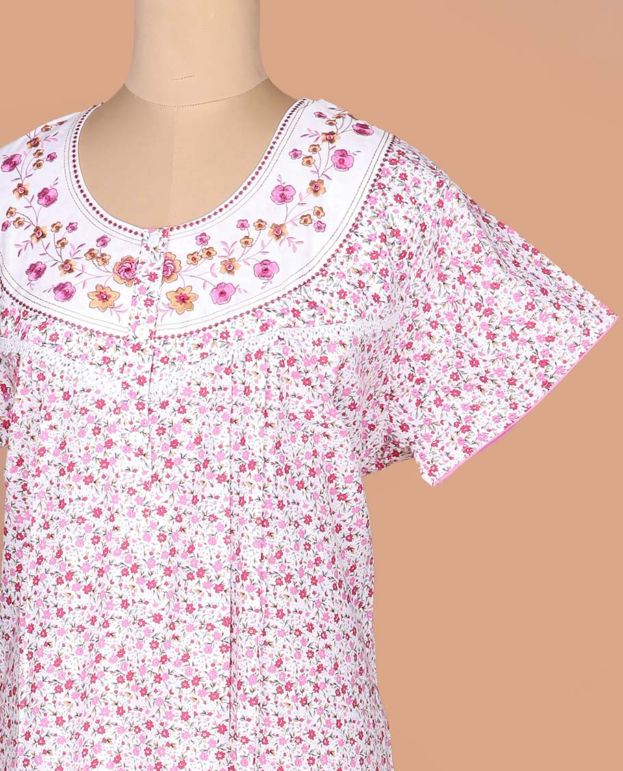 White-pink floral vine printed with neck floral embroidered half-sleeve round neck cotton nighty