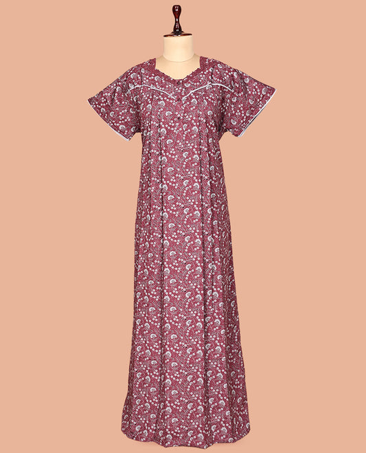 Light Maroon Floral Cotton-Blended Nighty