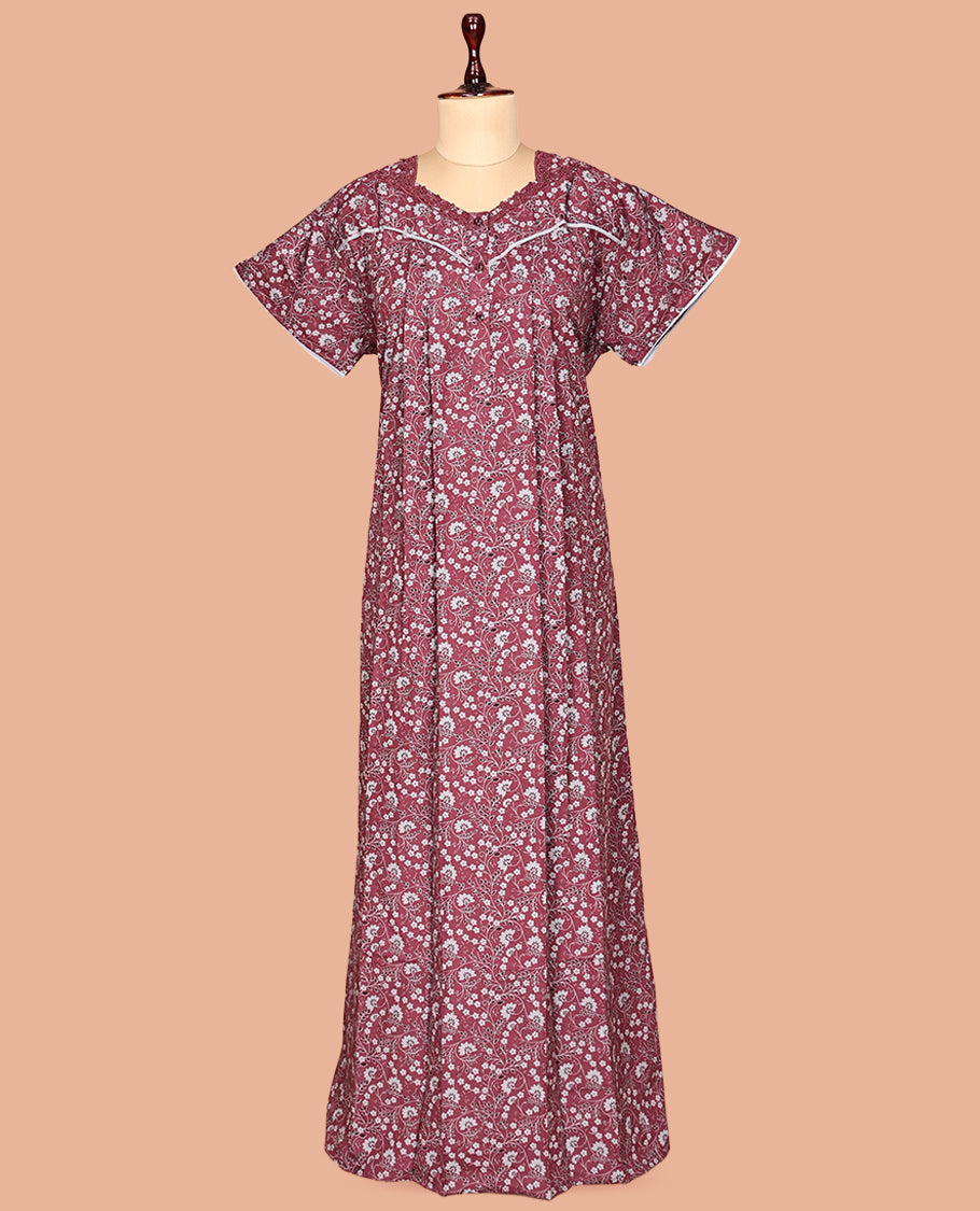 Light Maroon Floral Cotton-Blended Nighty